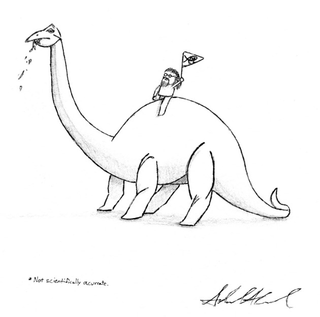 A caricature of me riding a sauropod while waiving a Darwin-fish flag. The caption reads: "Not scientifically accurate".